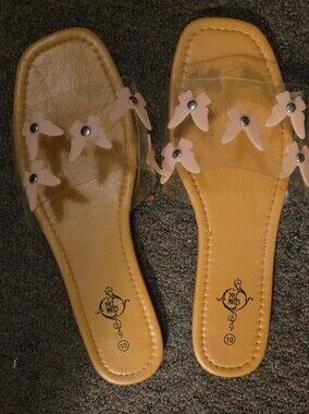 Clear Strap Floral Slide Sandals in Nude - Women's Size 10